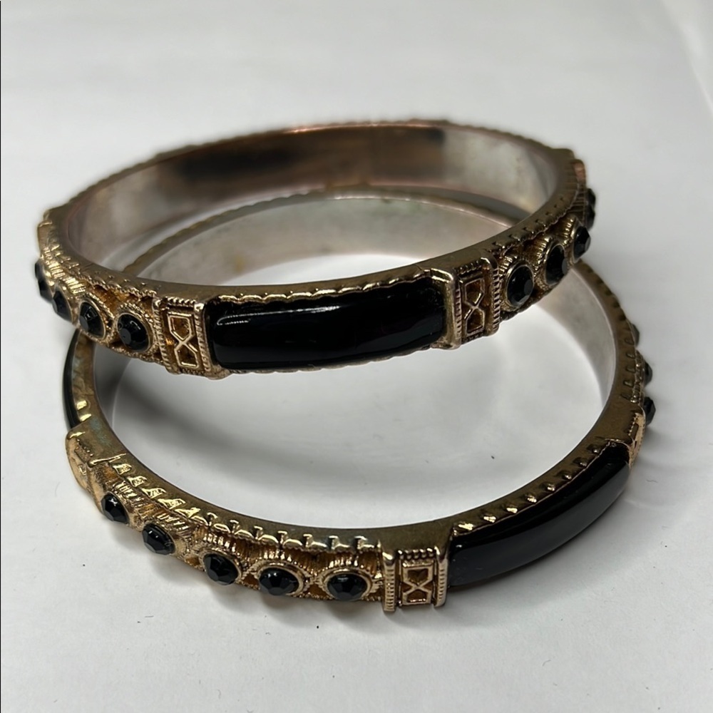 Set of 2 Goldtone Black Enamel and Crystal Cabochons Vintage Bangles